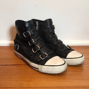 Ash Leather Buckle Hightop Sneakers
